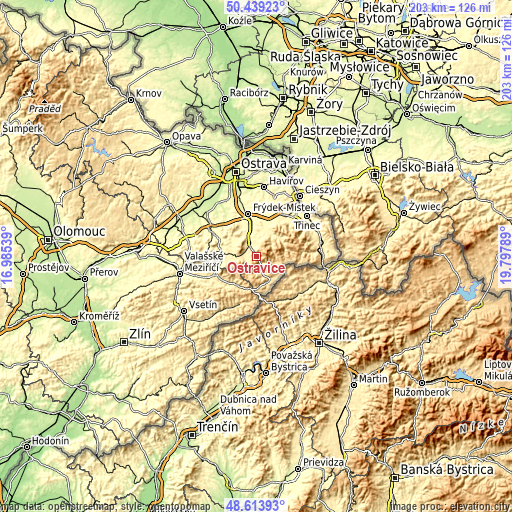 Topographic map of Ostravice