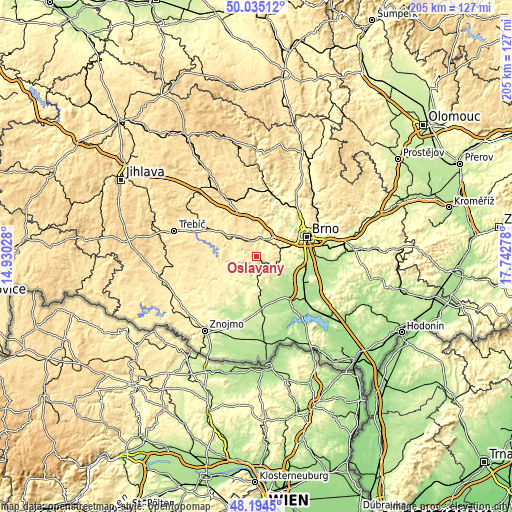Topographic map of Oslavany