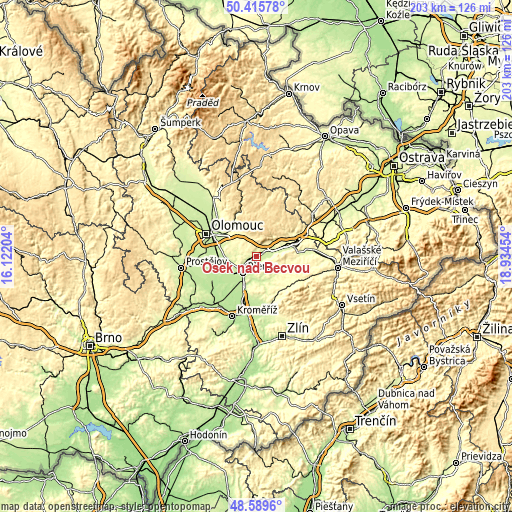 Topographic map of Osek nad Bečvou