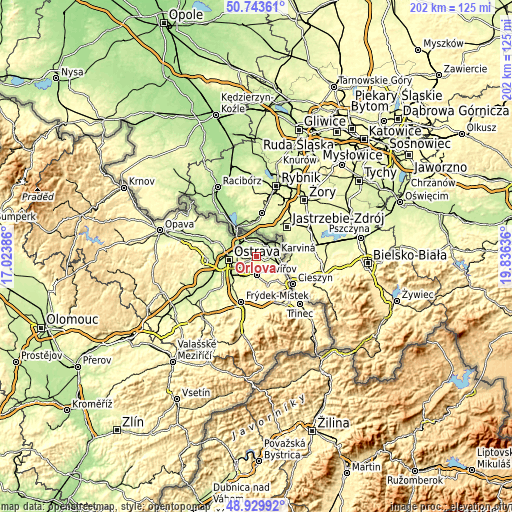 Topographic map of Orlová