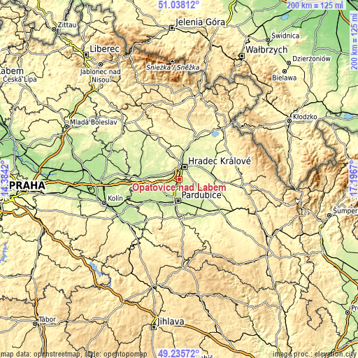 Topographic map of Opatovice nad Labem