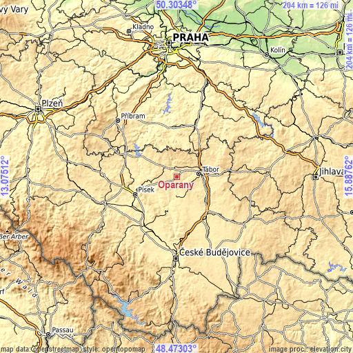 Topographic map of Opařany