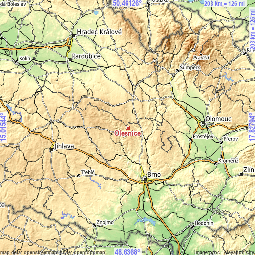 Topographic map of Olešnice