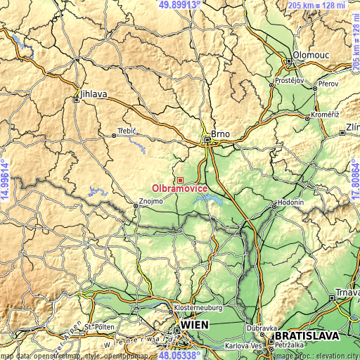 Topographic map of Olbramovice