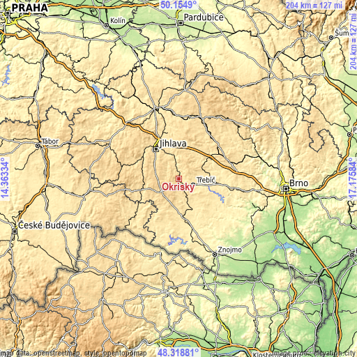 Topographic map of Okříšky