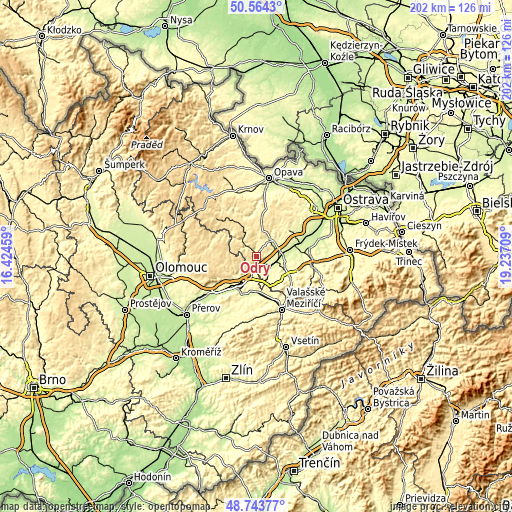 Topographic map of Odry
