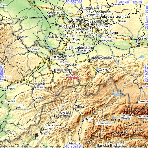 Topographic map of Nýdek