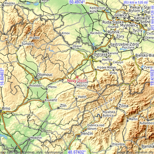 Topographic map of Nový Jičín