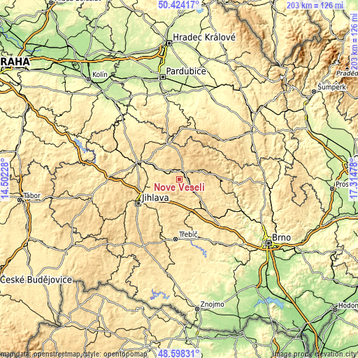 Topographic map of Nové Veselí