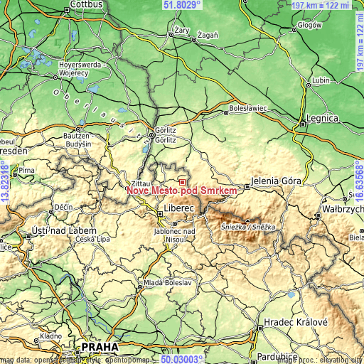 Topographic map of Nové Město pod Smrkem