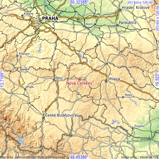Topographic map of Nová Cerekev