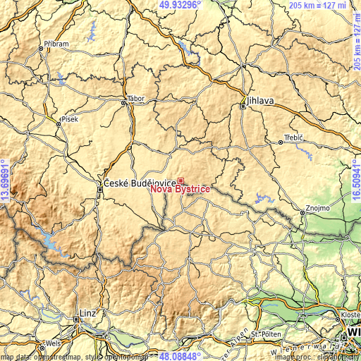 Topographic map of Nová Bystřice