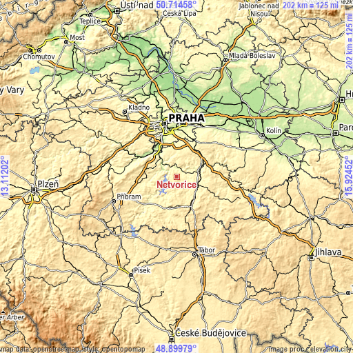 Topographic map of Netvořice
