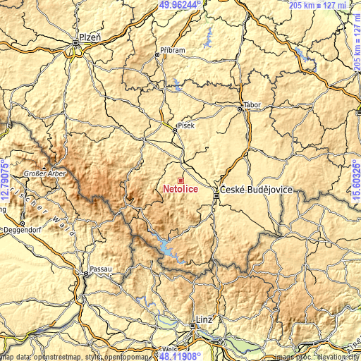 Topographic map of Netolice