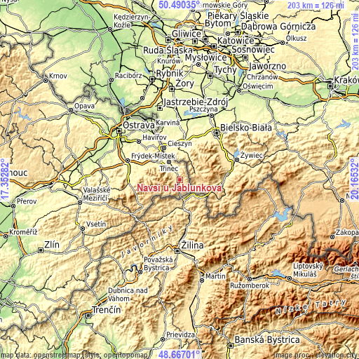 Topographic map of Návsí u Jablunkova