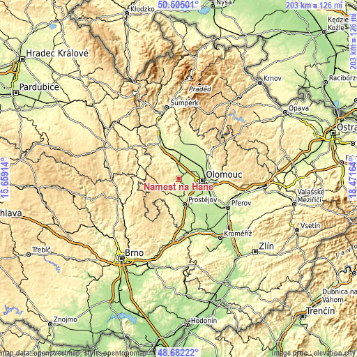 Topographic map of Náměšť na Hané