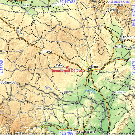 Topographic map of Náměšť nad Oslavou