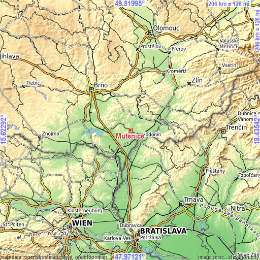 Topographic map of Mutěnice