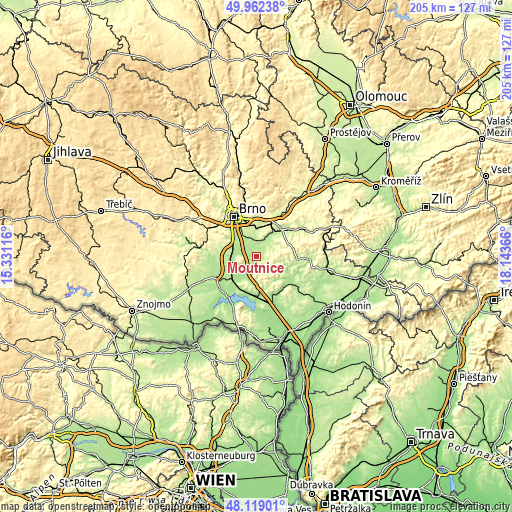 Topographic map of Moutnice