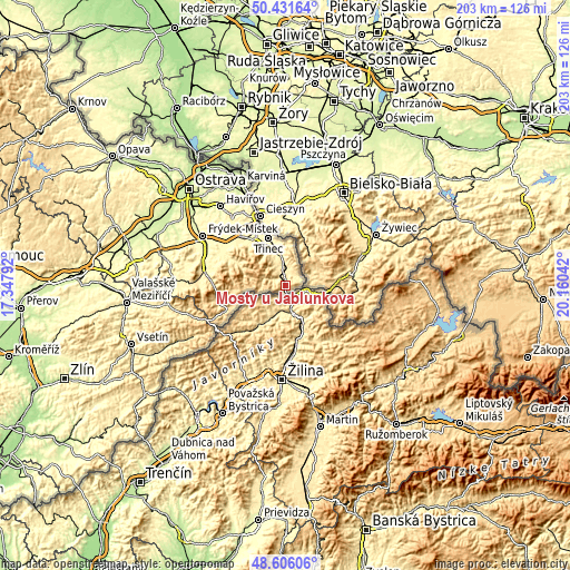 Topographic map of Mosty u Jablunkova