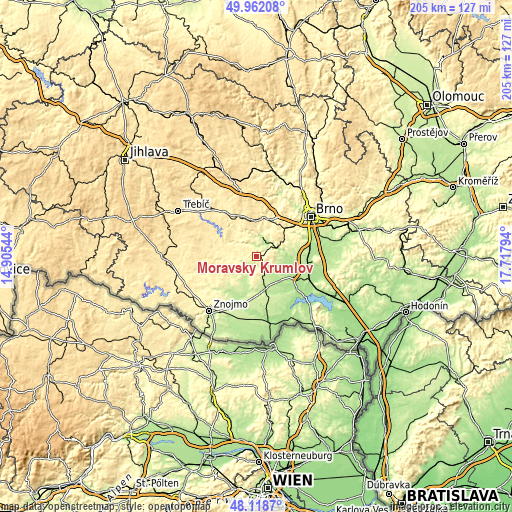 Topographic map of Moravský Krumlov