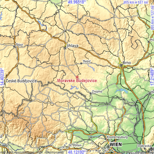 Topographic map of Moravské Budějovice