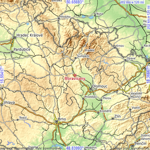 Topographic map of Moravičany