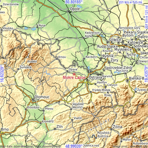 Topographic map of Mokré Lazce