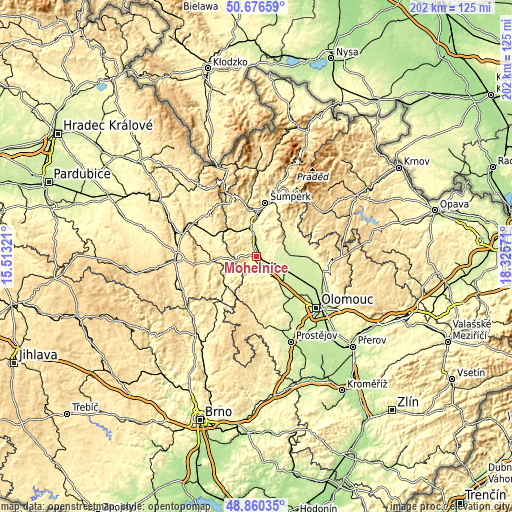 Topographic map of Mohelnice