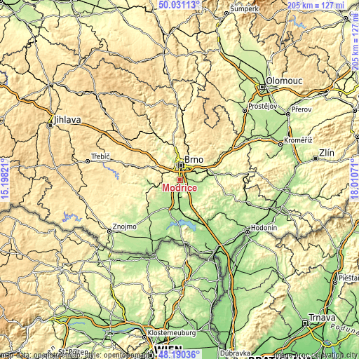 Topographic map of Modřice
