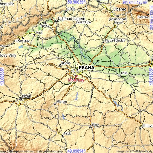 Topographic map of Modřany