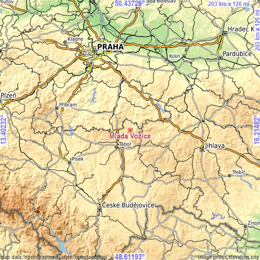 Topographic map of Mladá Vožice