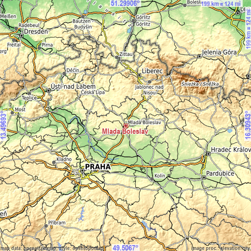 Topographic map of Mladá Boleslav