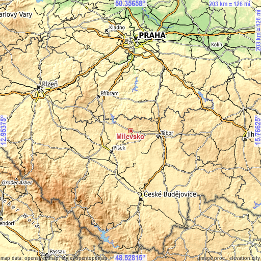 Topographic map of Milevsko