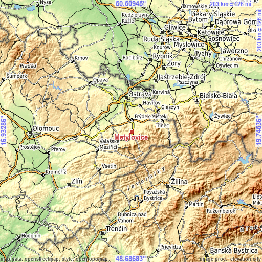 Topographic map of Metylovice
