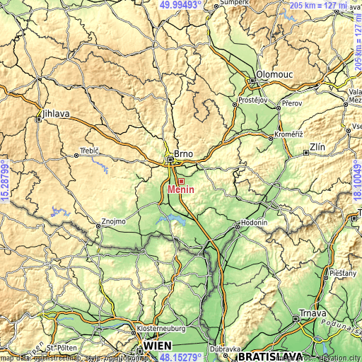 Topographic map of Měnín