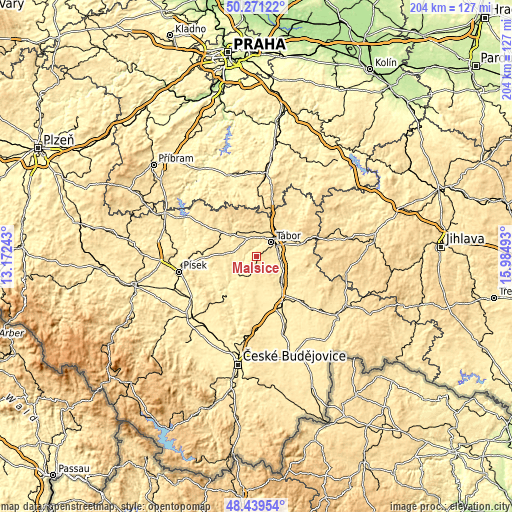 Topographic map of Malšice