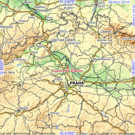 Topographic map of Lužec nad Vltavou