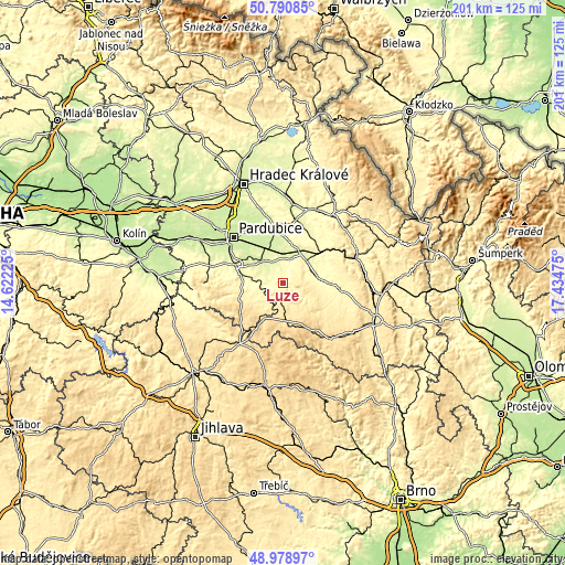 Topographic map of Luže