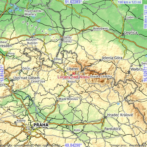 Topographic map of Lučany nad Nisou