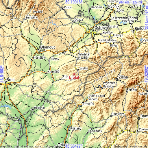 Topographic map of Liptál