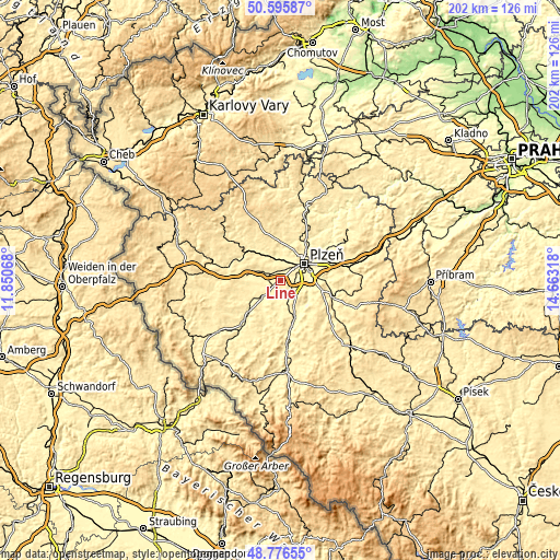 Topographic map of Líně