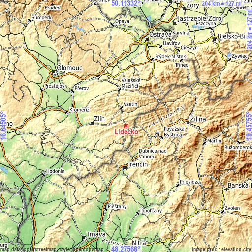 Topographic map of Lidečko