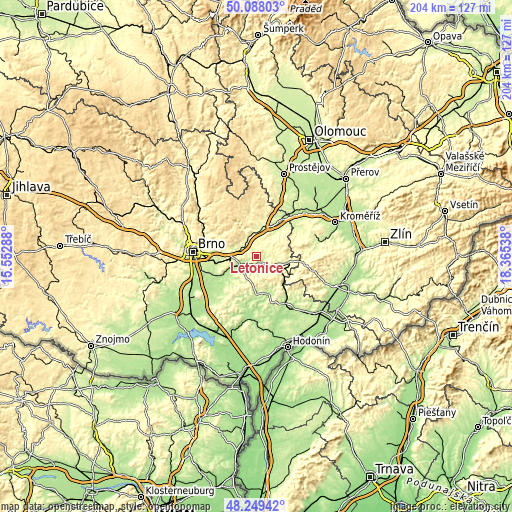 Topographic map of Letonice