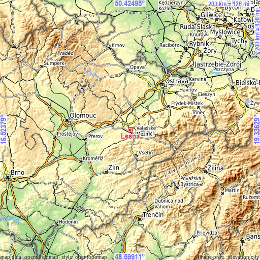 Topographic map of Lešná