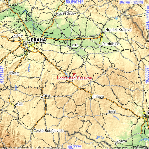 Topographic map of Ledeč nad Sázavou