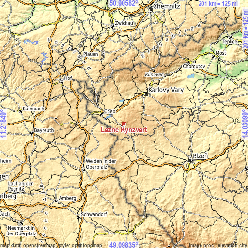 Topographic map of Lázně Kynžvart