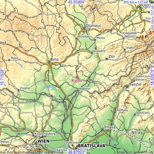 Topographic map of Kyjov