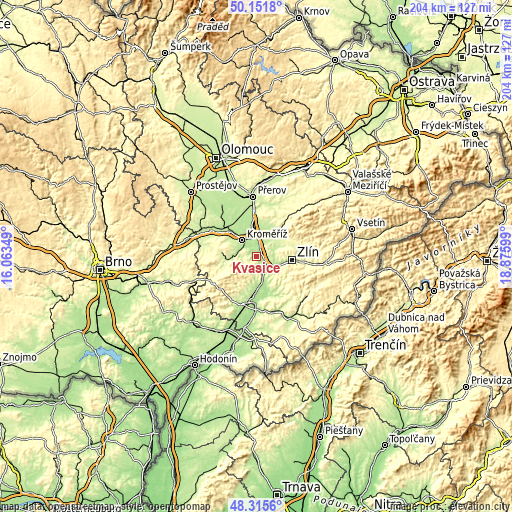 Topographic map of Kvasice