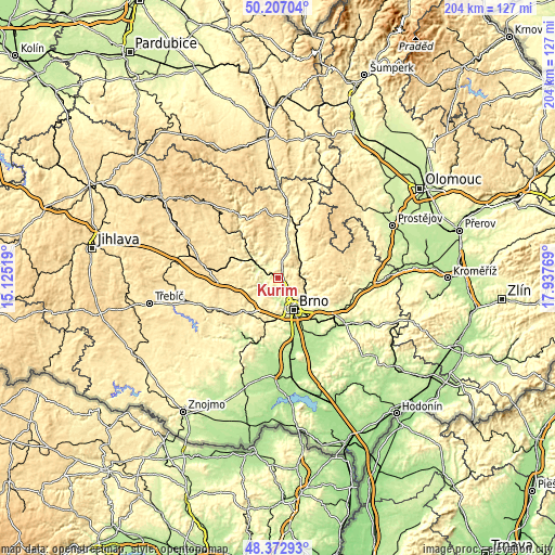 Topographic map of Kuřim